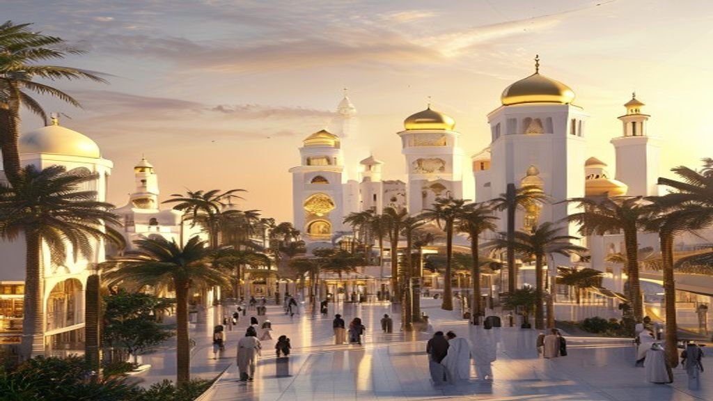 Kompleks Kampung Haji Indonesia modern dengan jemaah berjalan