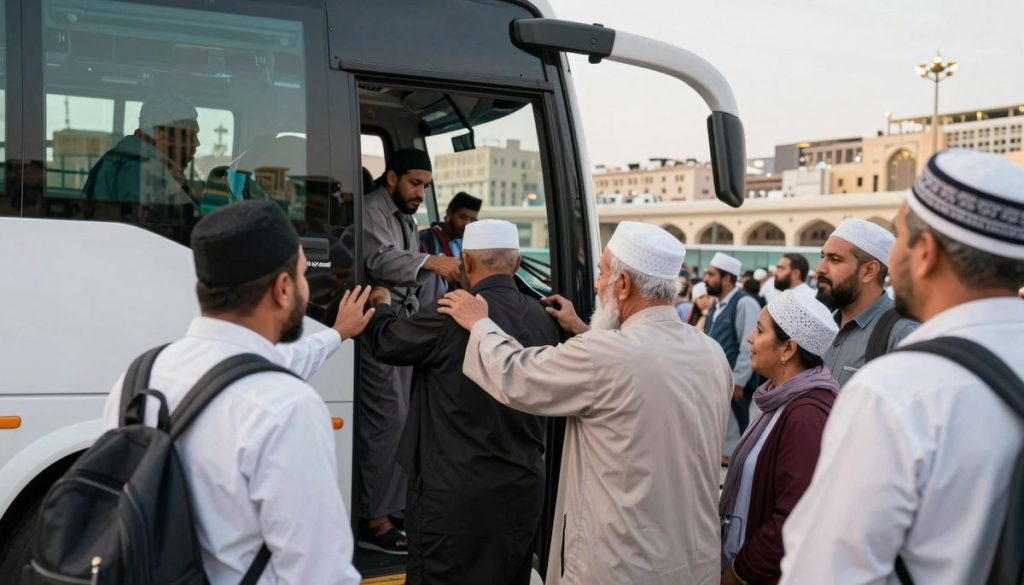Keluarga membantu jemaah lansia menuju bus