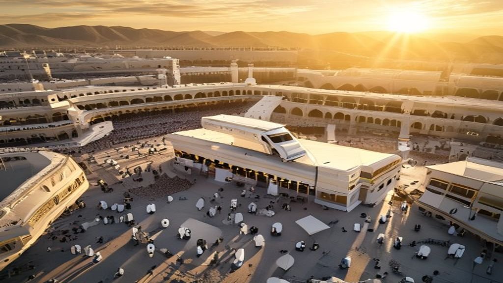 Petugas medis dan jemaah haji di klinik modern dengan latar Ka'bah